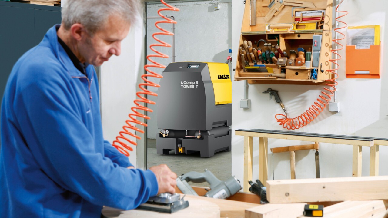 “Compressed air for the workshop”: The stationary Tower T-version of the variable speed and powerful i.Comp workshop compressor provides a dependable supply of quality compressed air for workshop business environments.