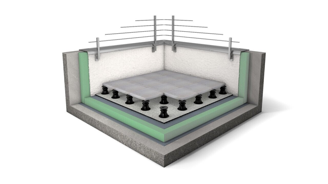 REGUPOL sound and drain impact sound insulation under ceramic tiles on pedestals