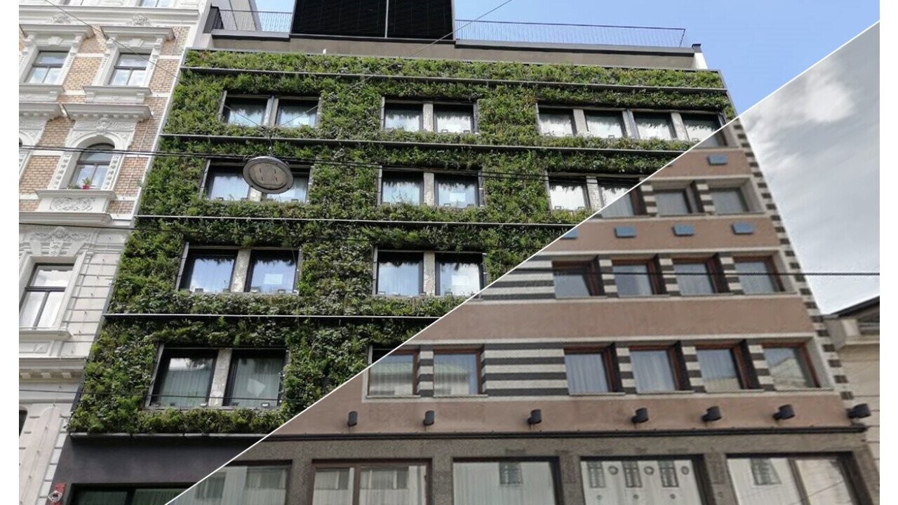 A SemperGreenwall project before and after the renovation in Vienna, Hotel Gilbert