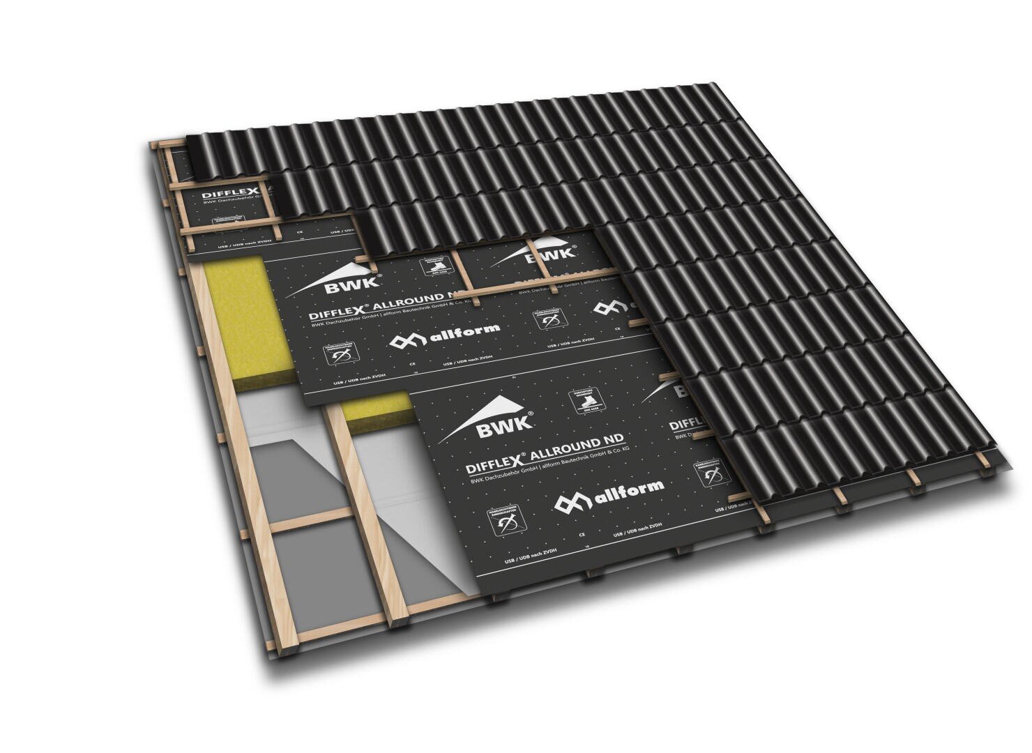 3D-Darstellung eines teilweise errichteten Daches mit dunklen Ziegeln, Abdichtungsbahnen mit der Bezeichnung BWK, Holzbalken, Dämmung und verschiedenen Konstruktionsschichten in einer Schnittdarstellung.