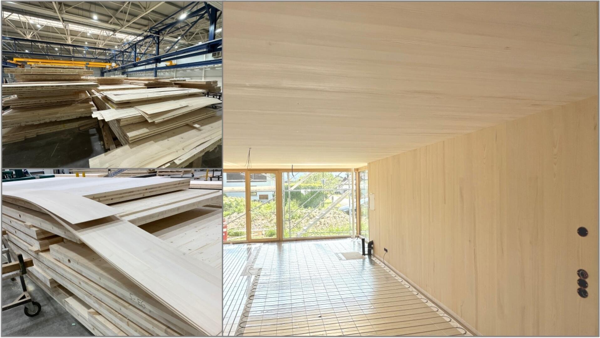 Rechts: BSP Wände und Decken mit Exklusiver Oberfläche in Weisstanne. Links: Vorbereitung der Deckschichten für dei Exklusiven Oberflächen im Werk.