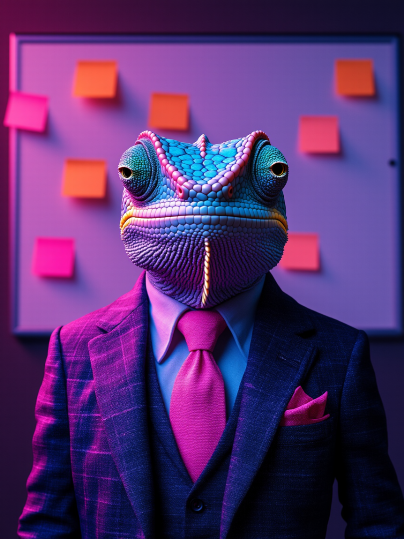 Ein Chamäleon mit leuchtender, strukturierter Haut trägt einen Anzug und eine rosa Krawatte und steht vor einer Pinnwand mit bunten Haftnotizen in einem Raum mit neonpinkem und lila Licht.