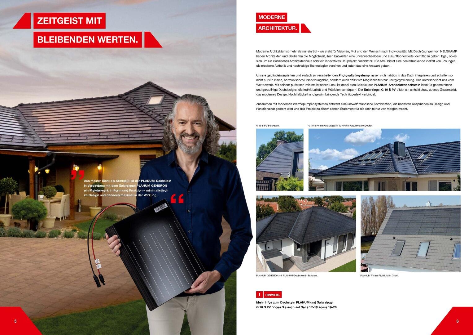 A smiling man with long hair and a beard holds a solar panel in front of a modern house with solar roof tiles. The opposite page shows modern houses with solar roofs and text about modern architecture and sustainable energy.