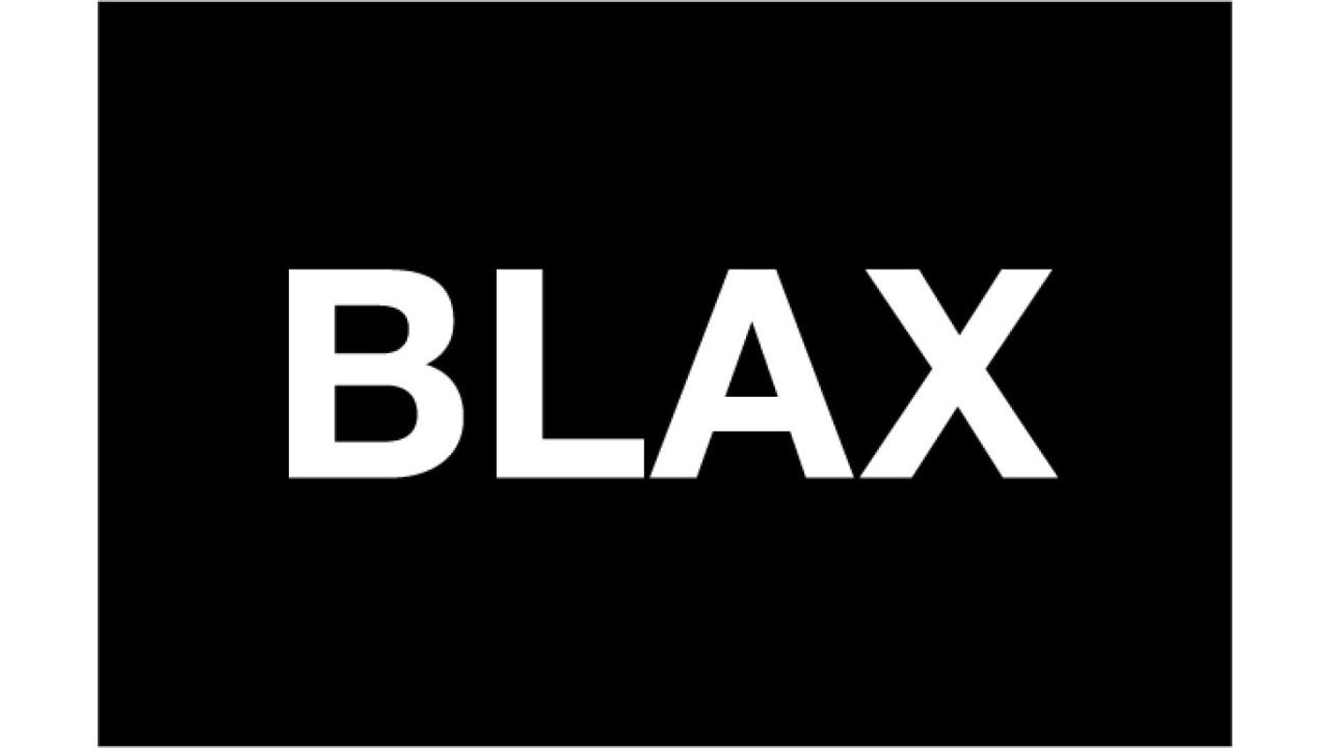 The image shows the word BLAX in bold, white, uppercase letters centered on a solid black background.