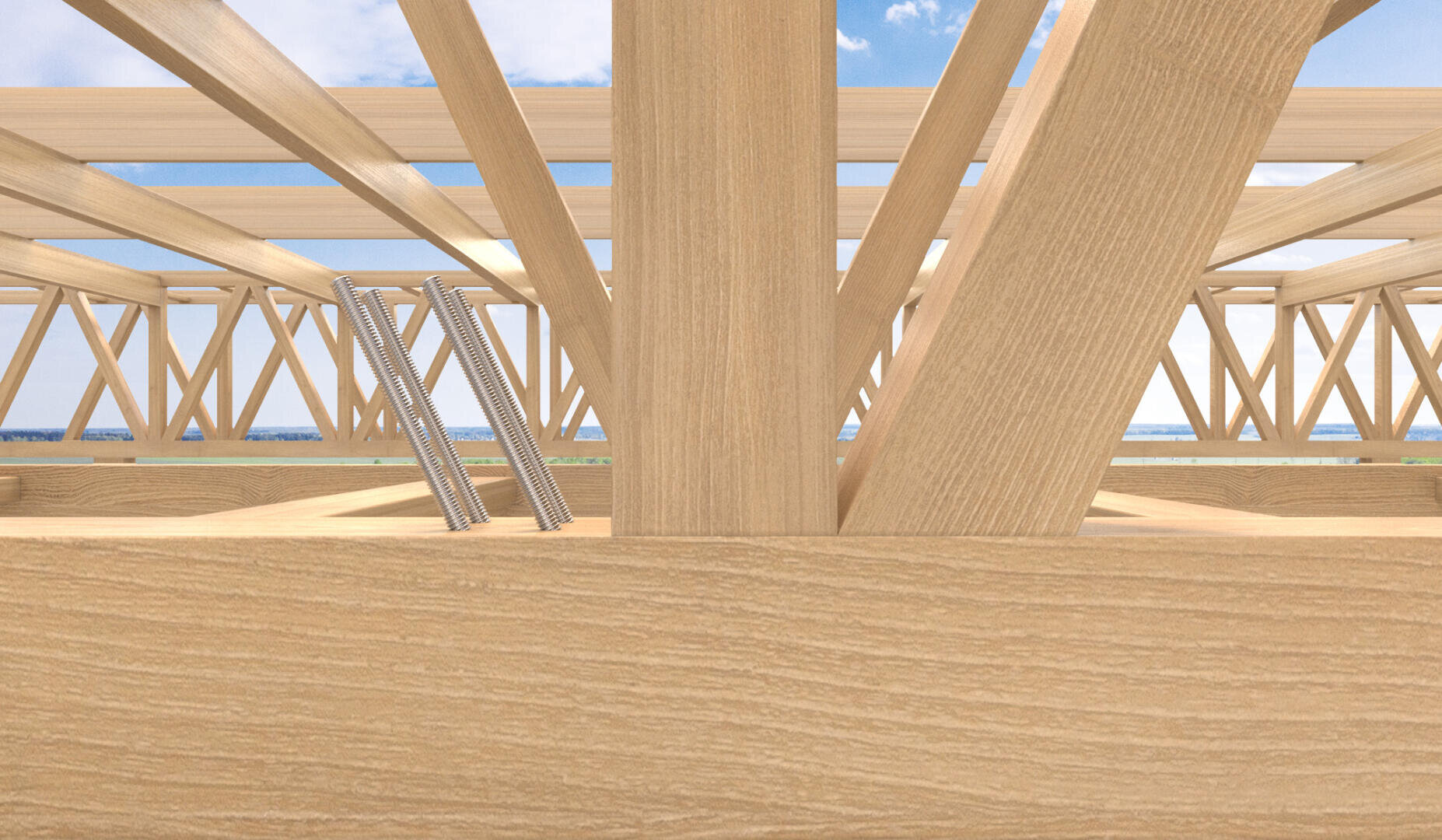 Close-up of a wooden roof truss under construction with interlocking beams and blue sky visible through the scaffolding. A few metal nails can be seen on the wooden surface.
