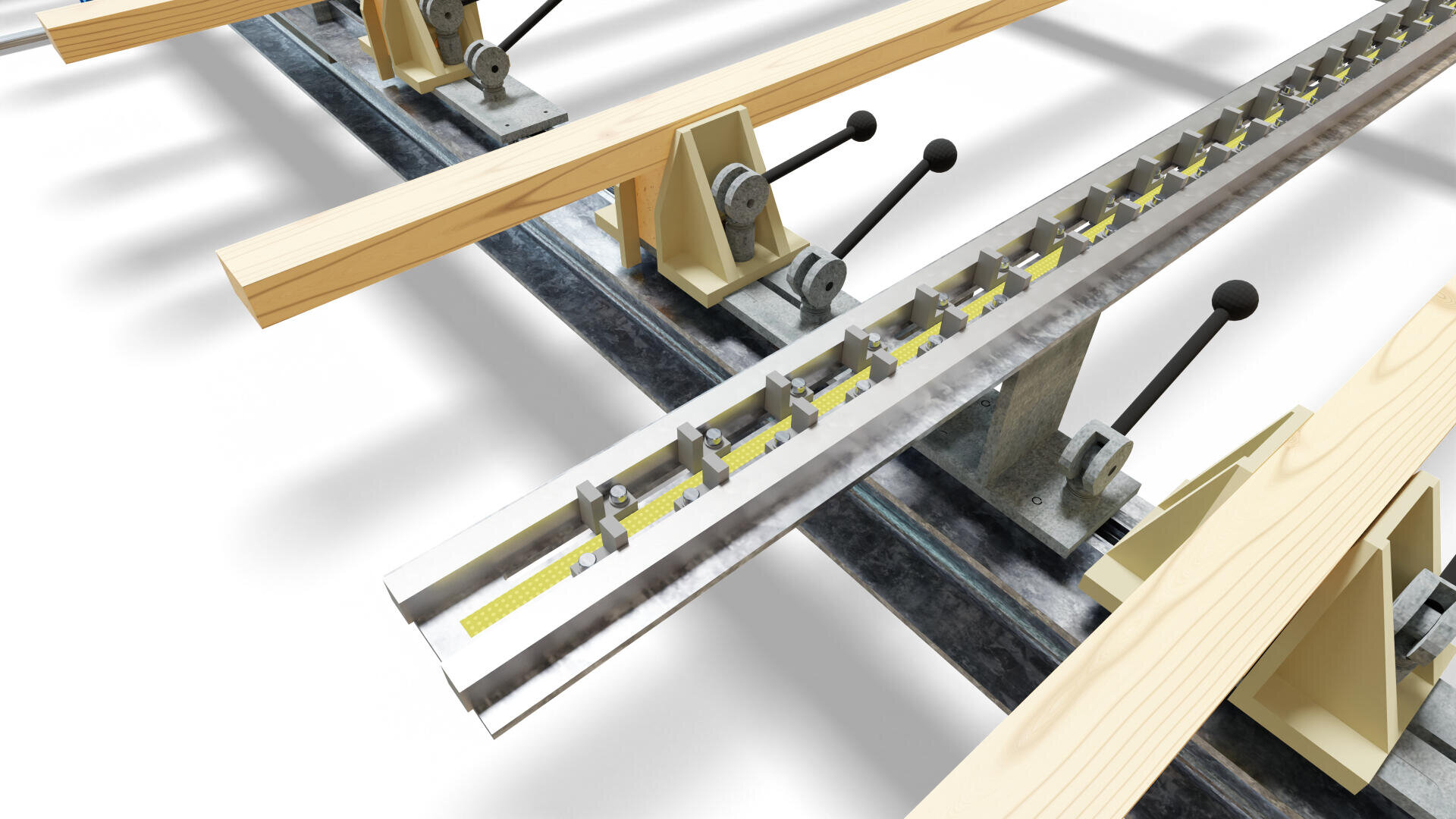 Eine Nahaufnahme einer Eisenbahnschienenanordnung mit Holzbalken, Metallschienen, Befestigungselementen und manuellen Hebelsteuerungen, die auf Ständern montiert sind, auf einem weißen Hintergrund dargestellt.