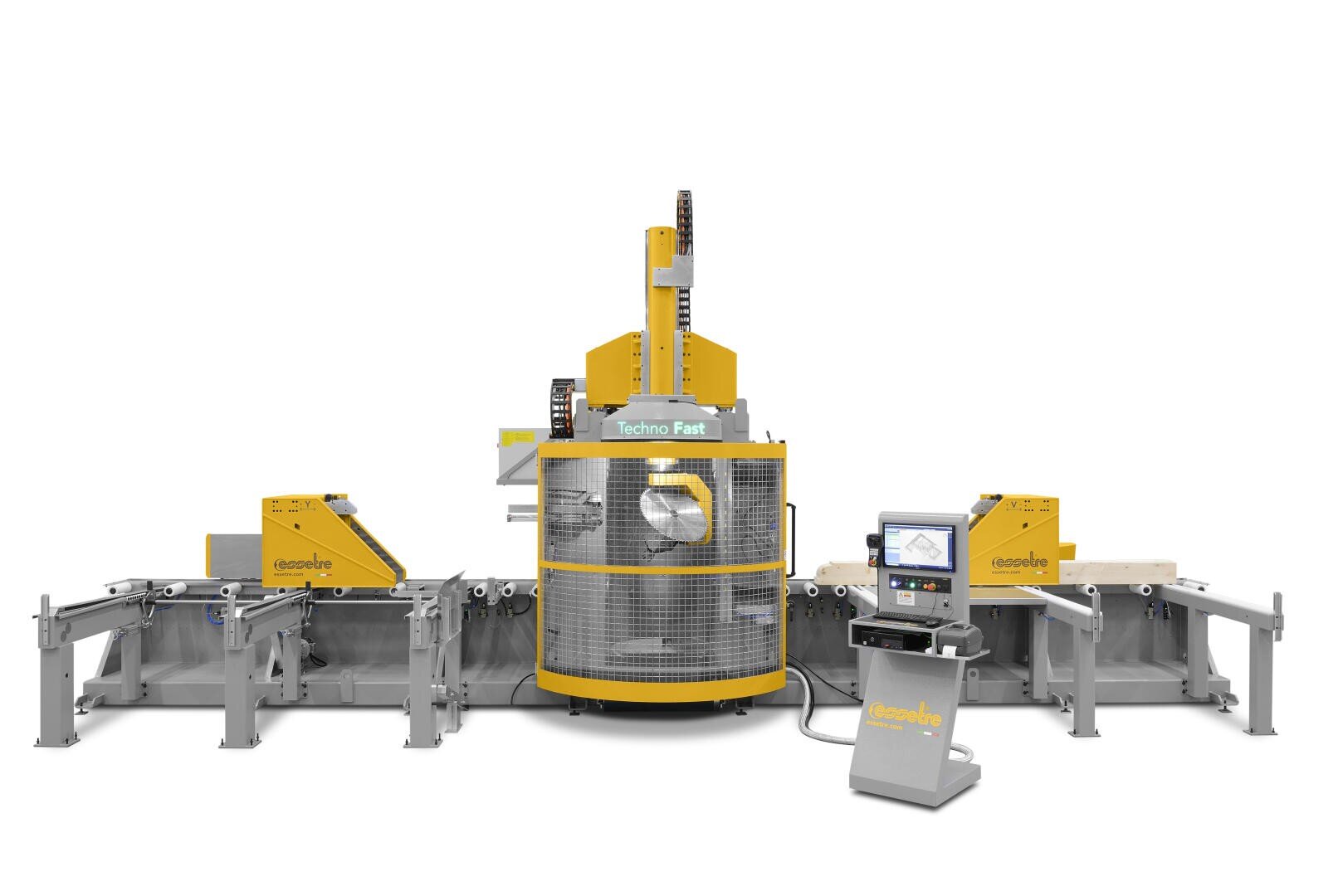 A large, industrial stone-cutting machine with a yellow and gray body, safety guards, and an attached digital control panel, designed for precise automated cutting and processing of stone materials.