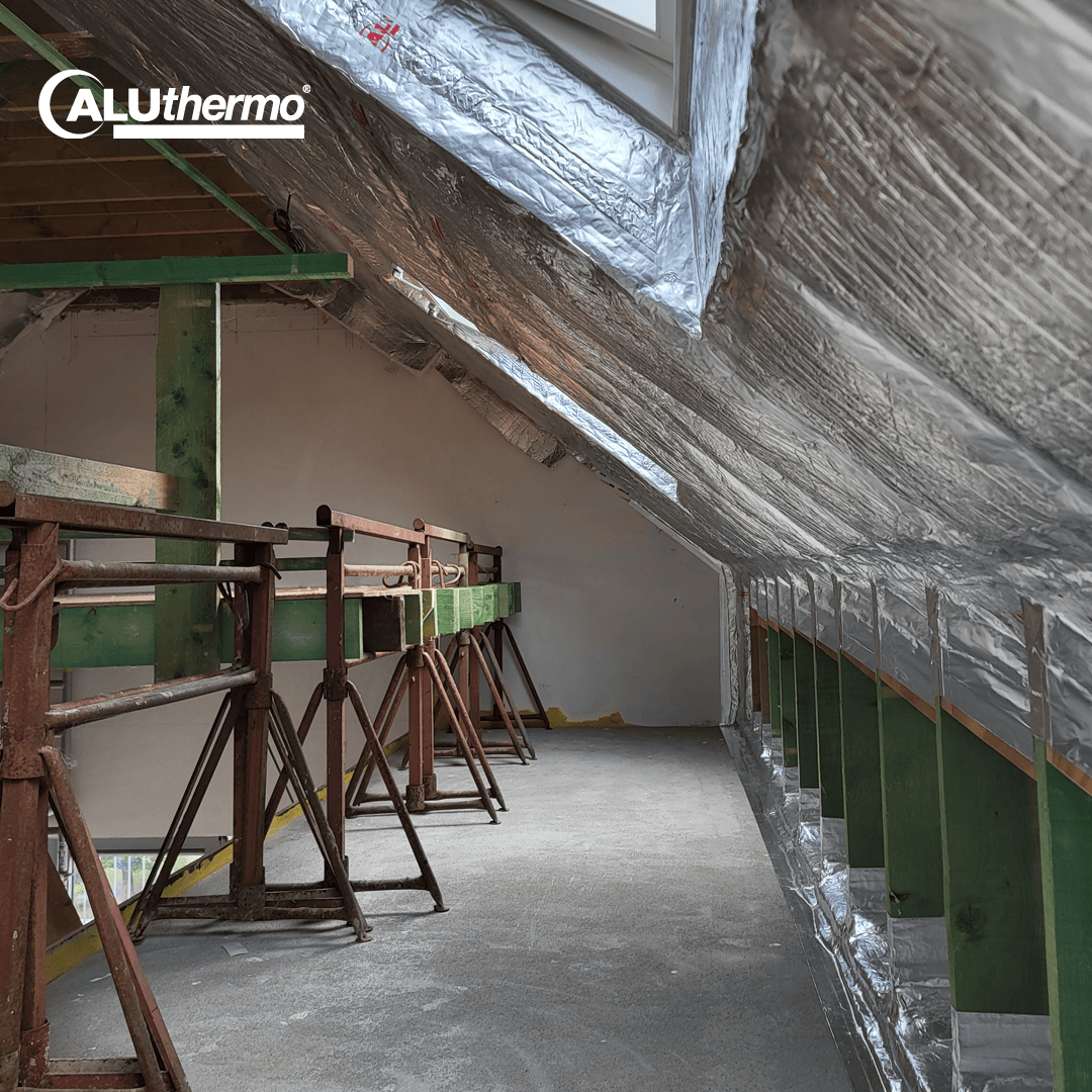 An ongoing loft renovation with exposed beams and reflective insulation on the sloping ceiling. Scaffolding and building materials are visible, and sunlight is streaming in through a skylight. The ALUTHERMO logo appears in the top left corner.