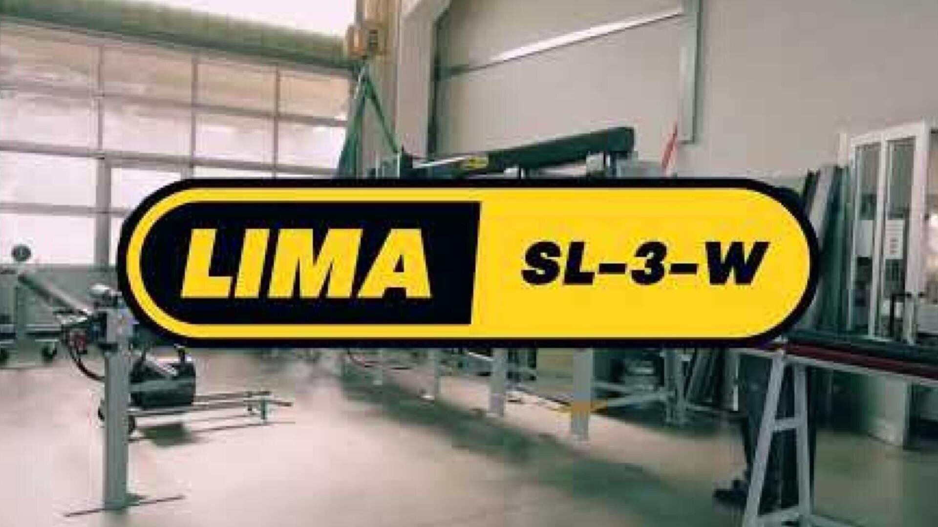 Yellow and black logo with the inscription LIMA SL-3-W, superimposed on an industrial workshop background with various machines and equipment.