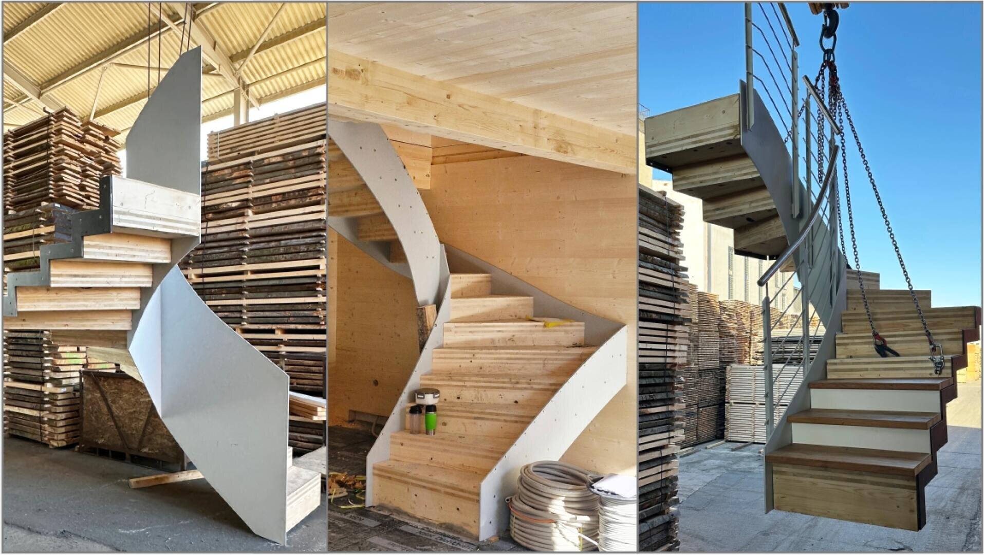 Drei Ansichten einer modernen Brettsperrholz-Treppe mit vormontierten Wangen und Geländern in Stahl