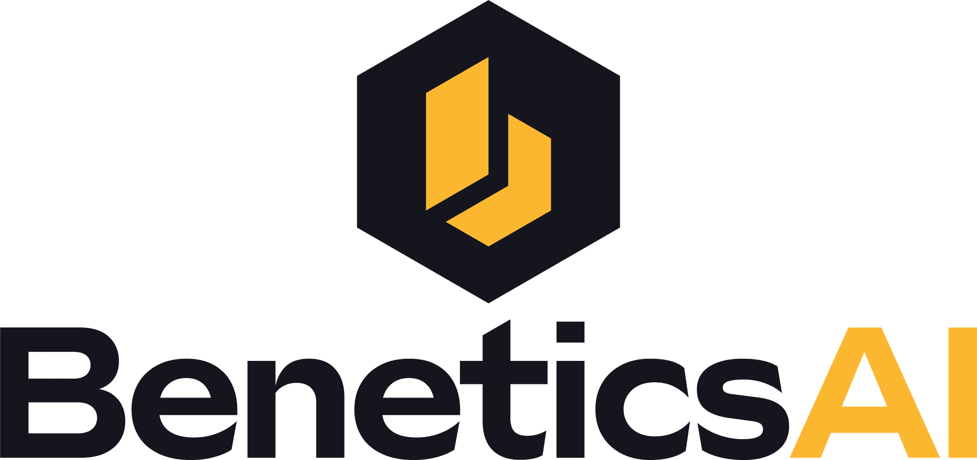 Das Logo von BeneticsAI zeigt ein schwarzes Sechseck mit einem gelben geometrischen Muster im Inneren, über dem Text BeneticsAI. Benetics ist schwarz, während AI gelb ist.