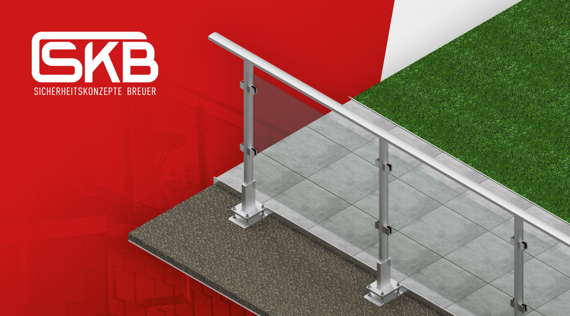 A modern balcony with a metal and glass railing, a tiled floor and artificial turf. The SKB logo and Sicherheitskonzepte Breuer can be seen on the left on a red background.