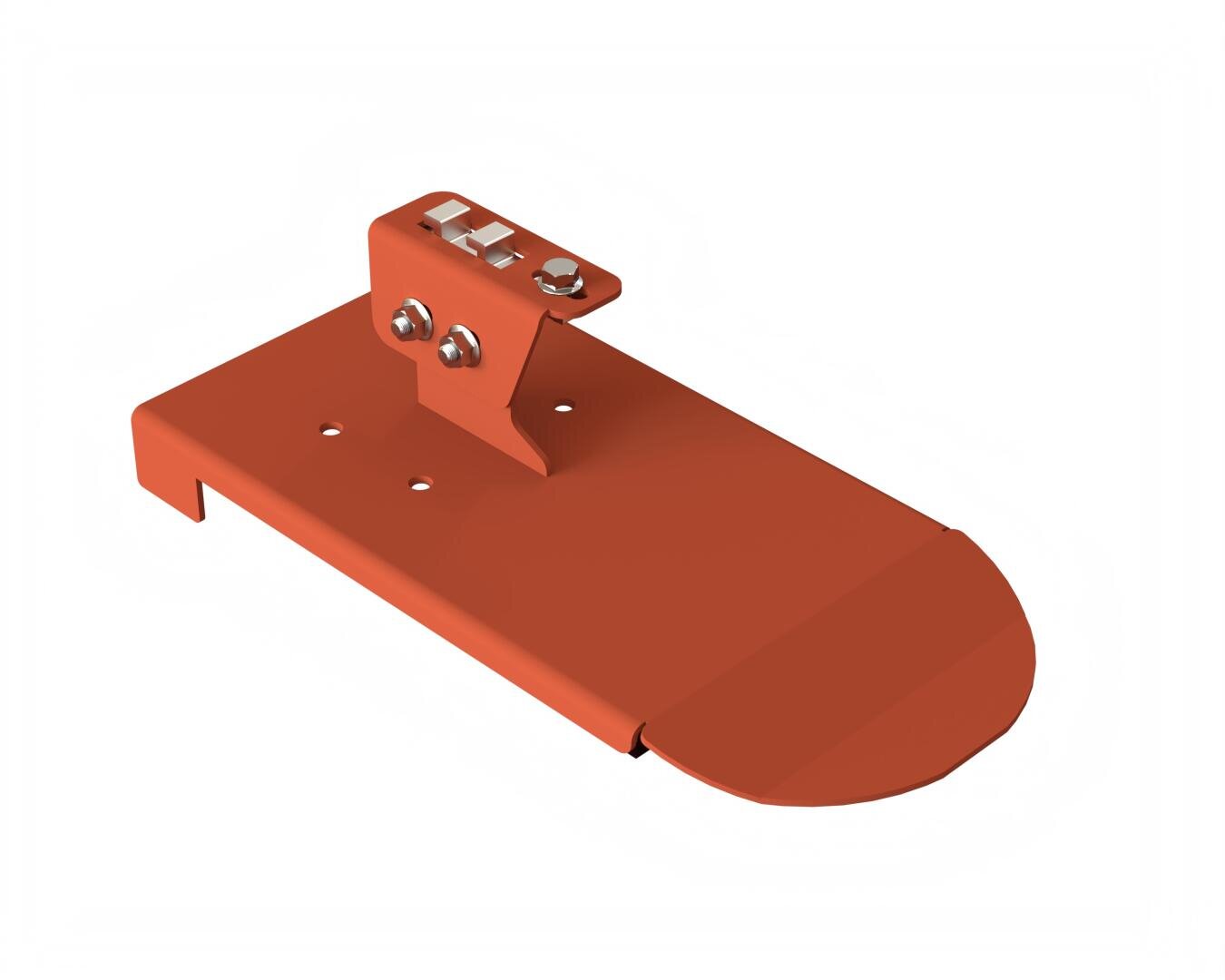 Ein roter, flacher Metallbügel mit gebogenem Rand und einer aufrechten Halterung mit Schrauben und Muttern. Die Halterung hat mehrere Befestigungslöcher und ein einfaches, industrielles Design.