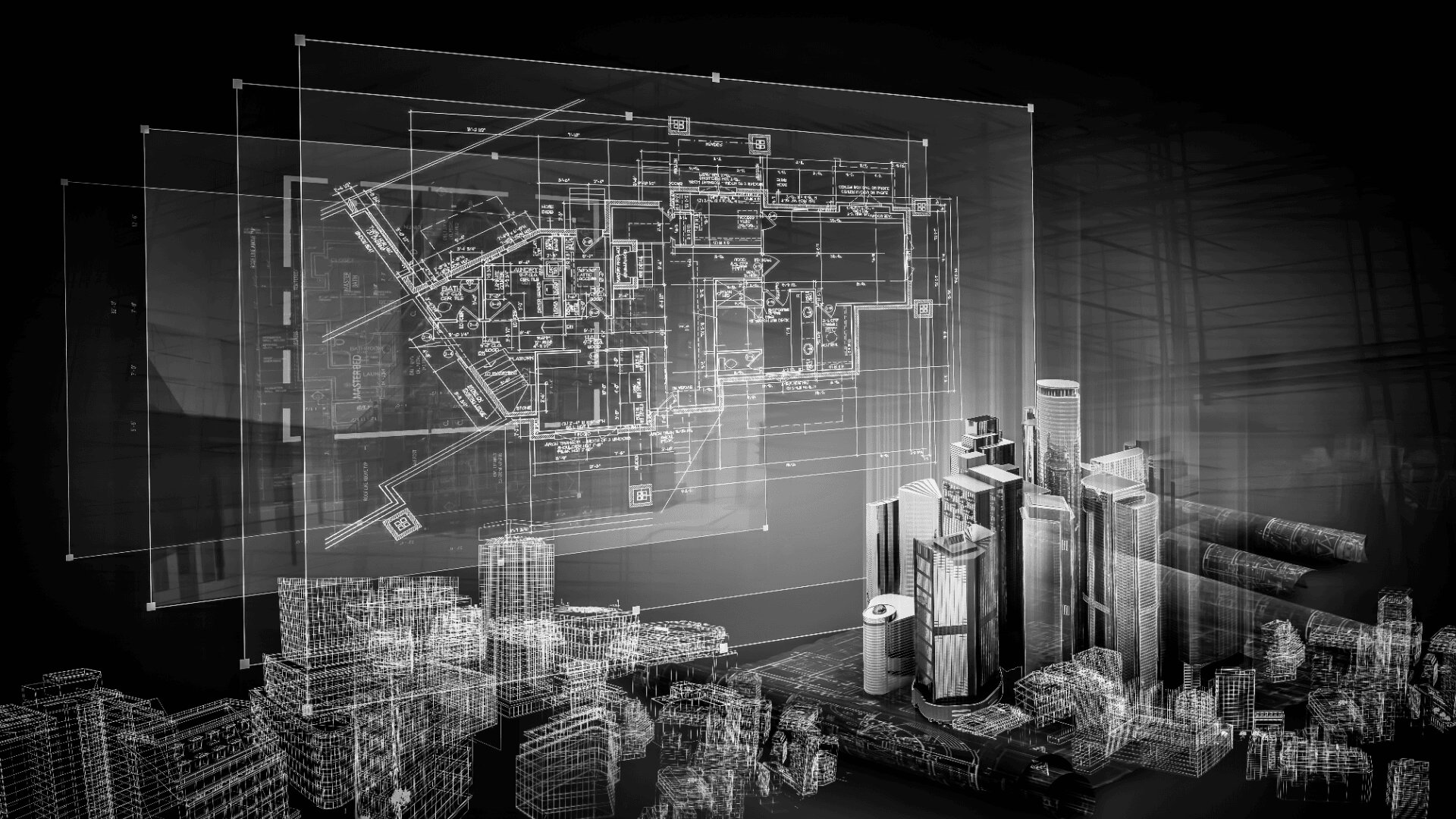 Schwarz-Weiß-Bild einer digitalen Stadtlandschaft mit Hochhäusern im Vordergrund und transparenten architektonischen Entwürfen und Grundrissen, die darüber und dahinter geschichtet sind und Stadtplanung oder architektonische Gestaltung darstellen.