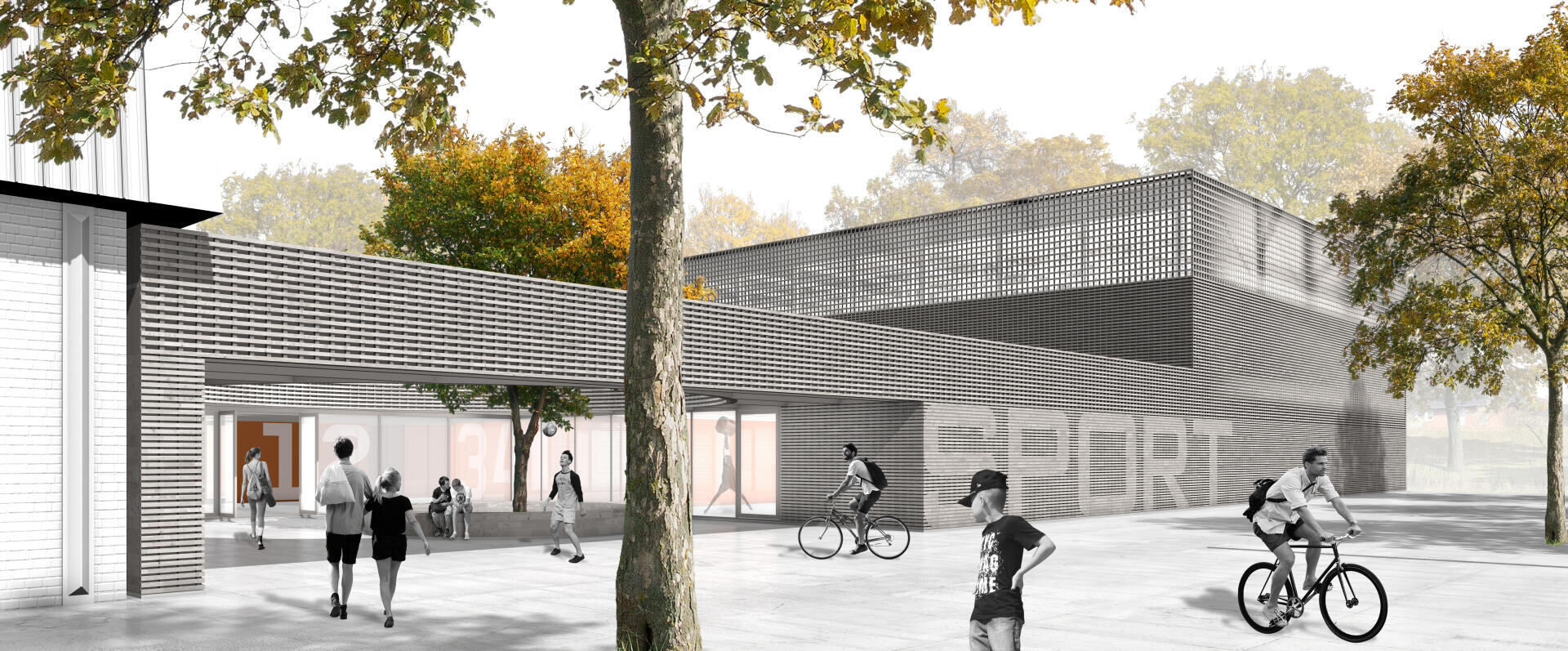 Ein modernes Gebäude mit einer Fassade aus Ziegeln und Lamellen steht zwischen Bäumen. Die Menschen gehen spazieren, fahren Rad und versammeln sich draußen auf einem gepflasterten Platz, während einige unter einem schattigen Überhang sitzen. Die Szene ist lebendig und offen.