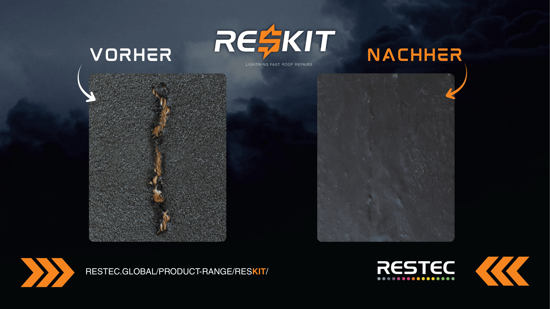 Zwei nebeneinander liegende Bilder zeigen ein beschädigtes Dach mit einem langen Riss (Vorher) und das gleiche Dach nach der Reparatur, glatt und intakt (Nachher). Pfeile zeigen auf die jeweilige Oberfläche. Der Schriftzug RESTEC erscheint am unteren Rand.