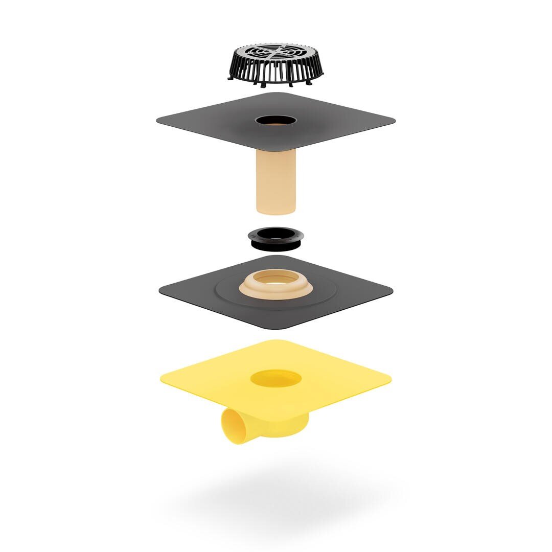 Die Explosionszeichnung eines Bodenablaufs zeigt fünf separate Komponenten: ein schwarzes Gitter, zwei quadratische Platten (eine schwarz, eine gelb), ein beigefarbenes zylindrisches Rohr und einen schwarzen kreisförmigen Ring, die alle vertikal ausgerichtet sind.