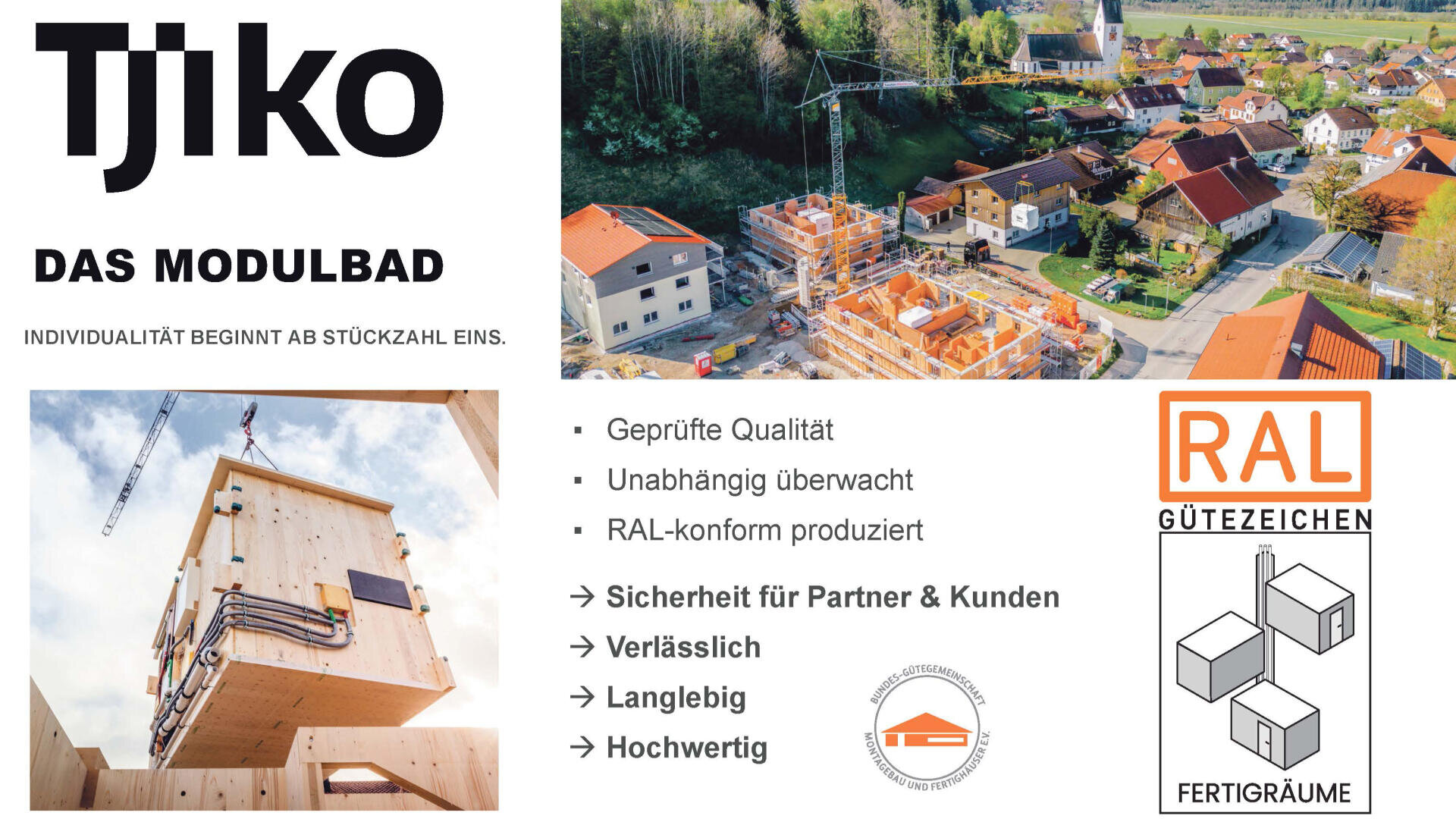 A promotional graphic for Tjiko Modulbad shows construction images, logos for quality certificates and texts that emphasize quality, reliability, durability and the RAL certification for prefabricated modular bathrooms.