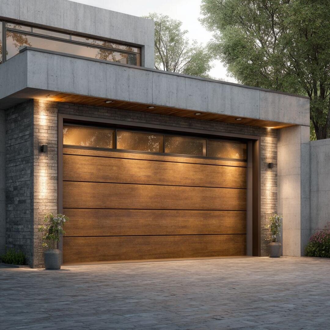 Ein modernes Haus mit einem großen hölzernen Garagentor, Mauern aus Beton und Ziegeln, Topfpflanzen auf beiden Seiten und warmen Lichtern, die den Eingang in der Abenddämmerung beleuchten.