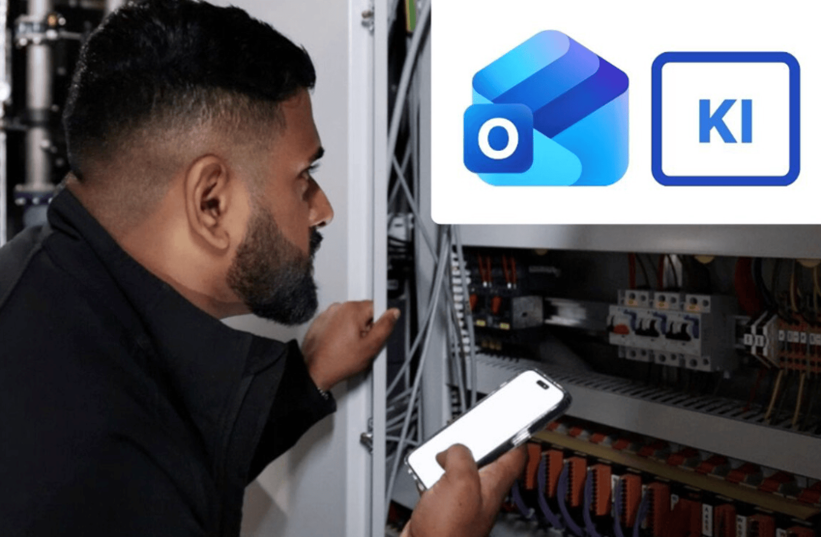 A man checks electrical panels while holding a smartphone in his hand. Digital icons for Microsoft Outlook and an app labeled AI are displayed above him, indicating the integration of technology into his work.