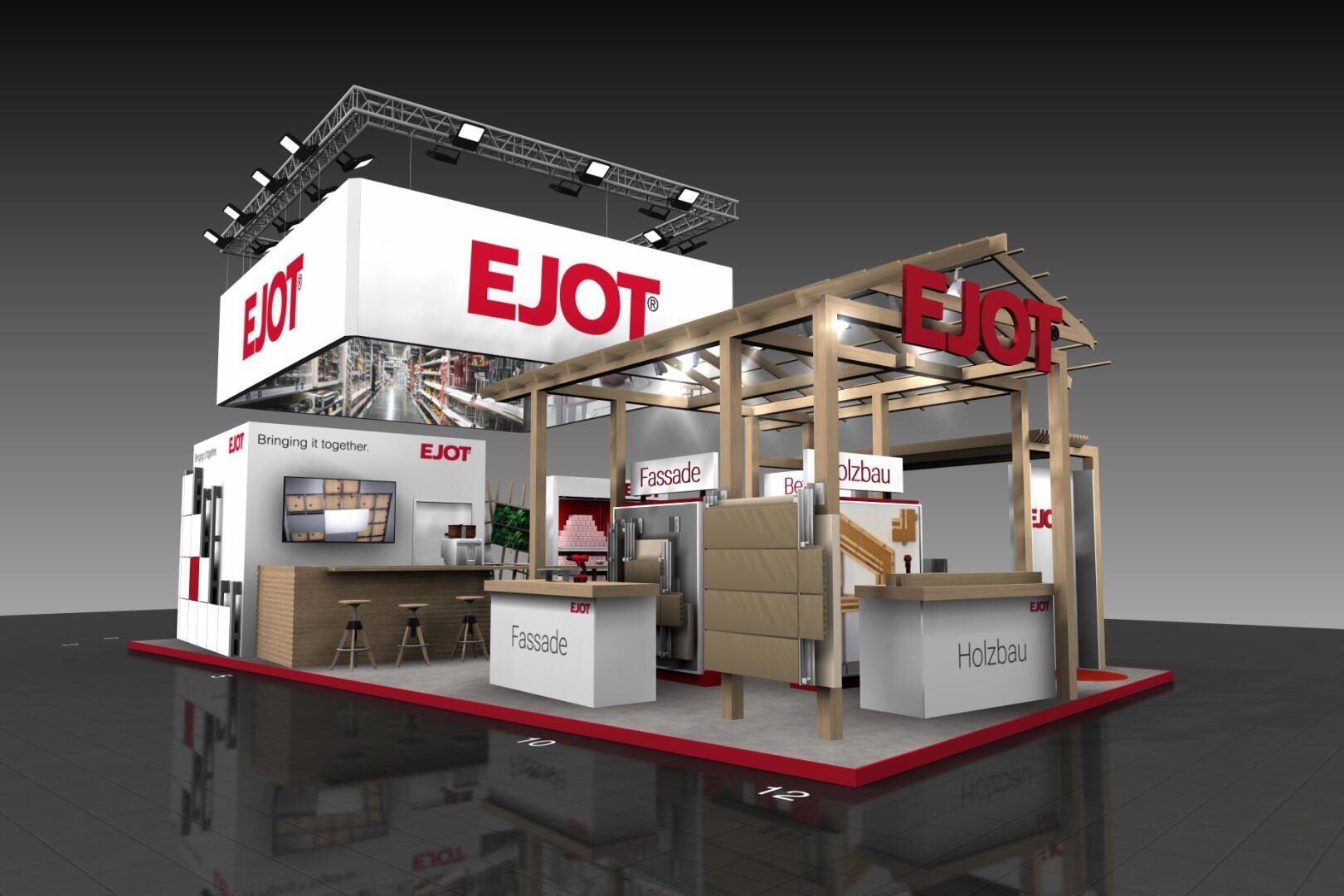 A modern exhibition stand for EJOT with wooden structures, product displays, counters with the inscription Facade and Timber Construction and large illuminated EJOT signs. The background is dark and has a reflective floor.