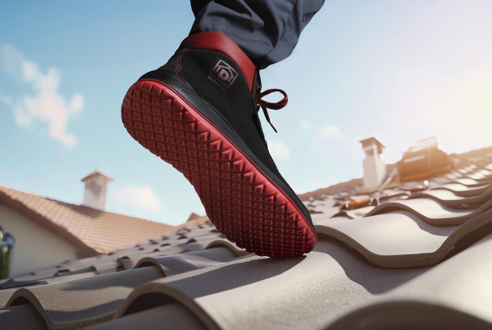 Close-up of a person’s foot wearing a black and red sneaker stepping on a tiled roof, with sunlight in the background and blurred rooftops visible.