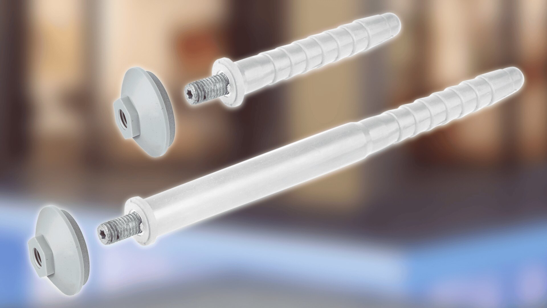 Close-up of three metal bolts with threading and gray washers, shown against a blurred background. The bolts are displayed at different angles, highlighting their design and features.