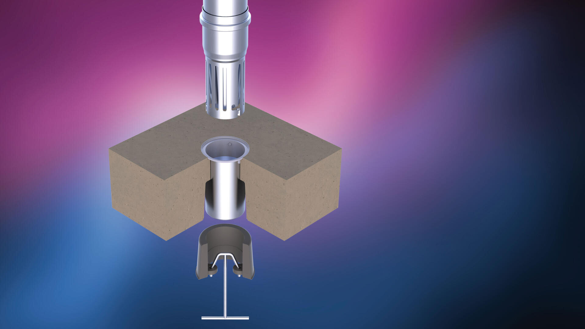 A 3D illustration shows a cylindrical metal device in a cross-sectional block, with a U-shaped component and a T-shaped base underneath, against a pink and blue gradient background.