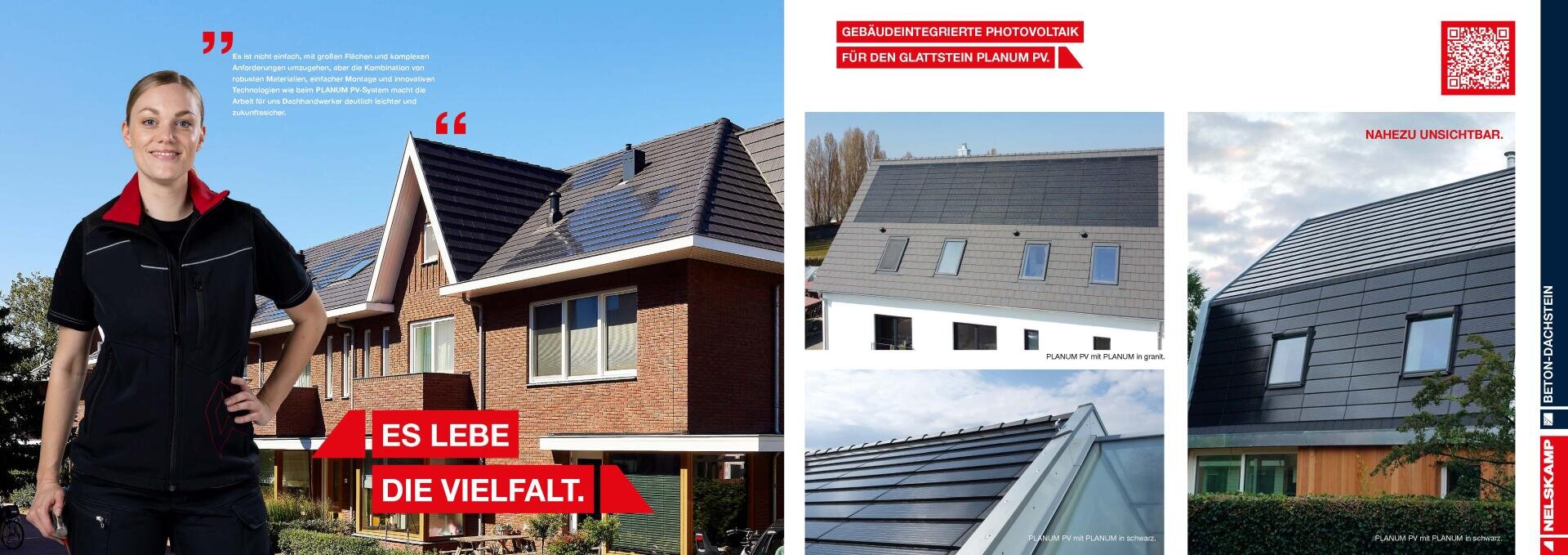 A smiling woman in work clothes stands in front of modern houses with slender solar roofs; text in German and red accents emphasize the diversity and photovoltaic solutions in the construction industry.