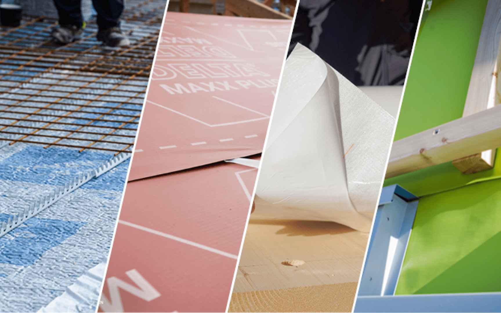 Vier vertikale Tafeln zeigen verschiedene Baumaterialien: Bewehrungsstahl auf Dämmung, rosafarbene Schaumstoffplatten, eine von Hand abziehbare Schutzfolie und eine grüne Wand mit Holzrahmen und Metallabdeckungen.