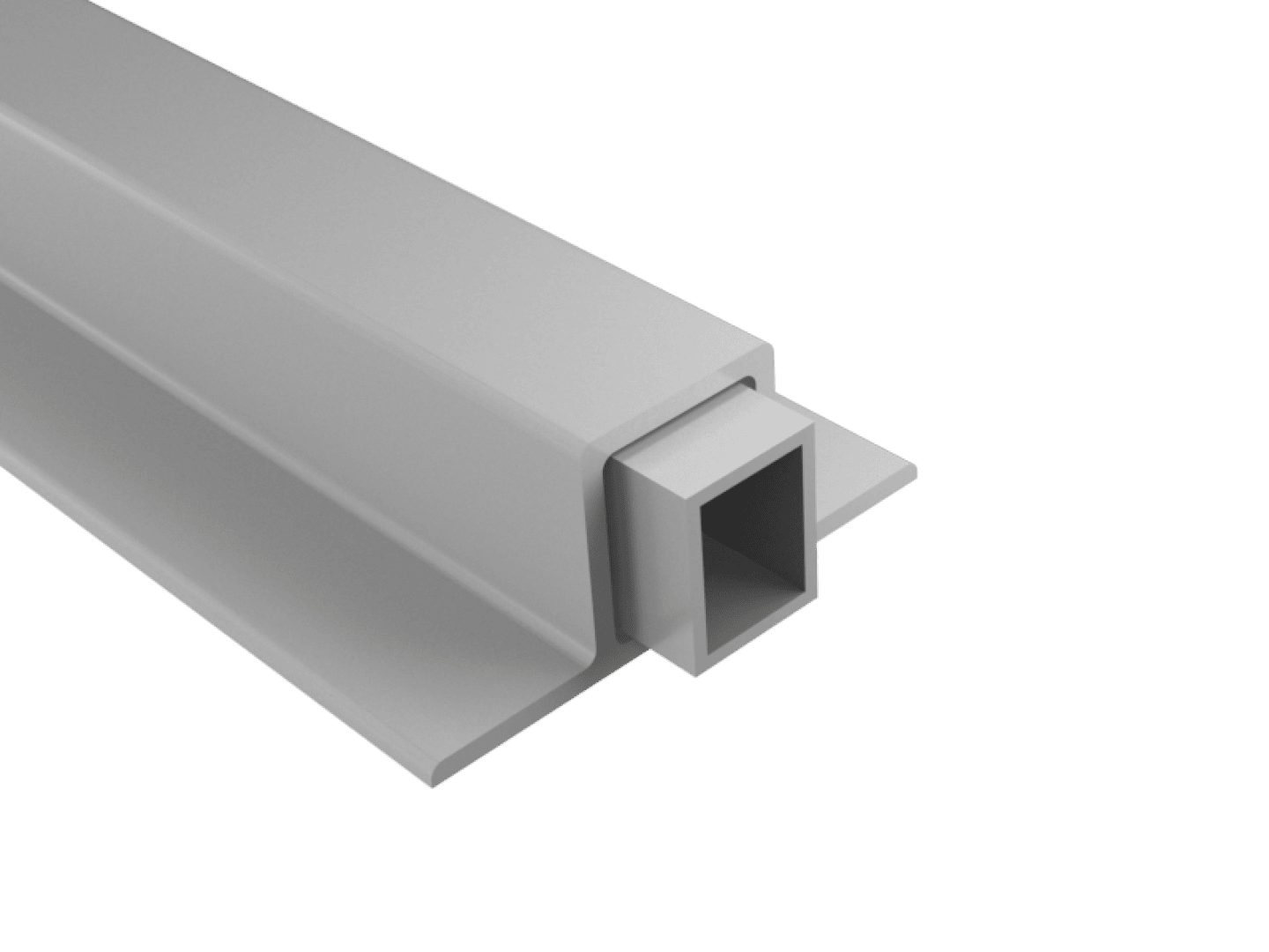 Eine 3D-Darstellung eines grauen, rechteckigen Metallstrangs mit einem kleineren, quadratischen Rohr im Inneren, dargestellt auf einem schlichten weißen Hintergrund.