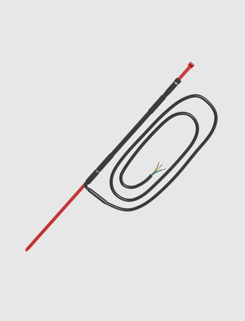 A black electrical cable with a long red probe and exposed colored wires at one end, neatly coiled on a light grey background.