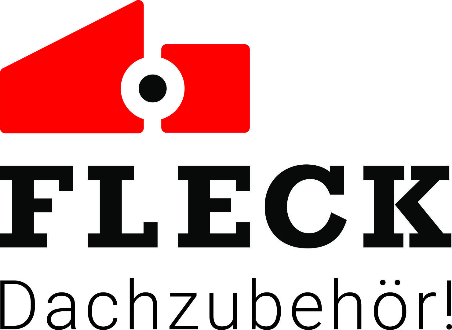 Logo mit roter geometrischer Dachform über einem schwarzen Kreis, neben dem Wort "FLECK" in fetten schwarzen Buchstaben und "Dachzubehör!" in dünnerem schwarzen Text darunter.