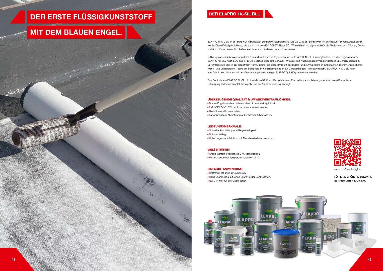 A paint roller applies a white liquid coating to a flat surface. Various cans of ELAPRO sealant products are displayed at the bottom right on a white background, beside descriptive text and a red QR code.