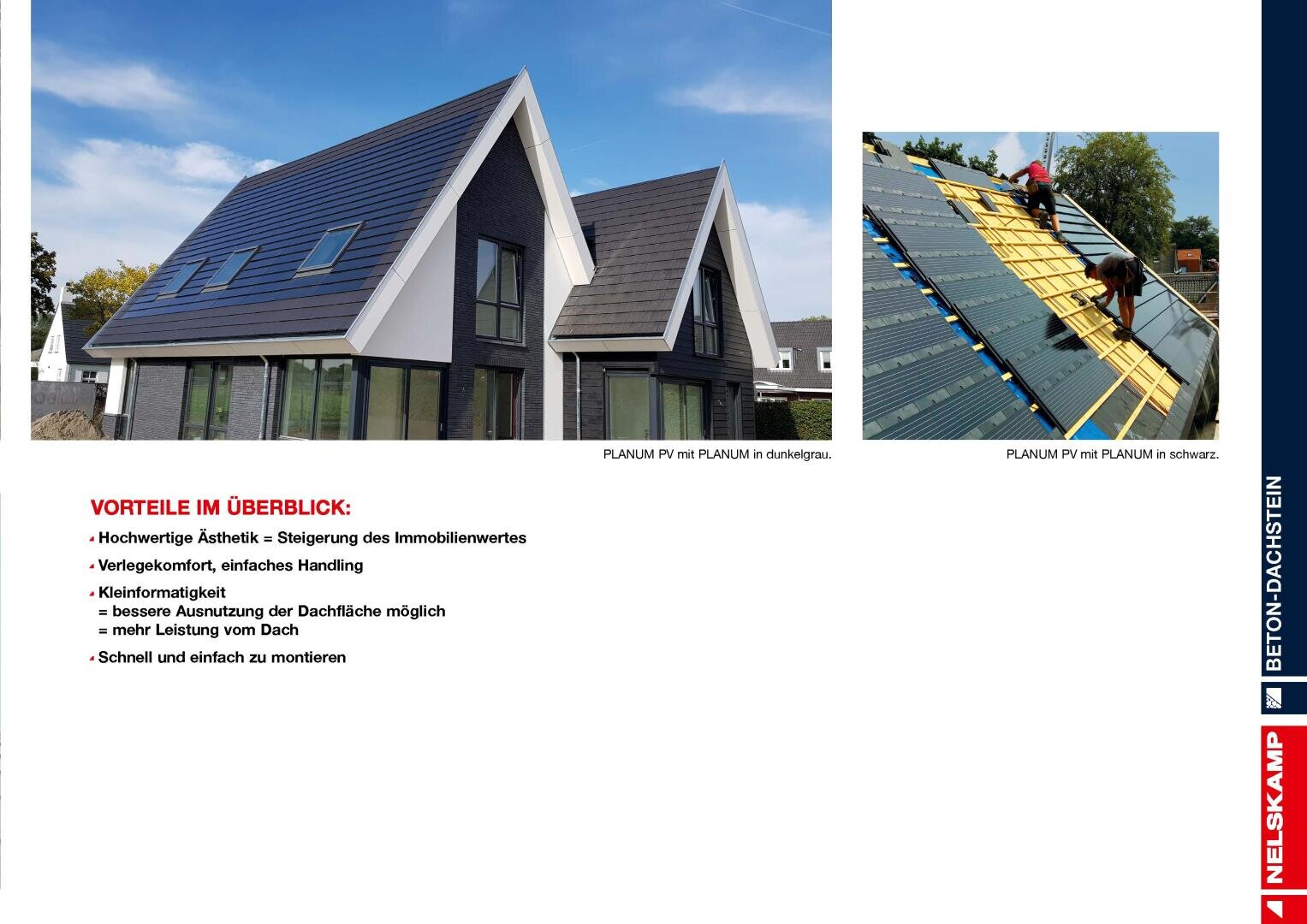 Ein modernes Haus mit dunklen Dachziegeln auf der linken Seite; auf der rechten Seite verlegen Arbeiter Dachunterspannbahnen und Latten. Der deutsche Text darunter listet die Vorteile der Dacheindeckung auf. Das Nelskamp-Logo erscheint vertikal an der Seite.
