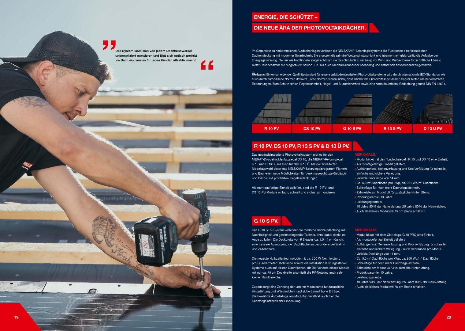 A man with tattoos uses a power drill to install roofing on a building. On the right, there is a red and blue text section describing photovoltaic roof tiles, with images of different tile types at the top.