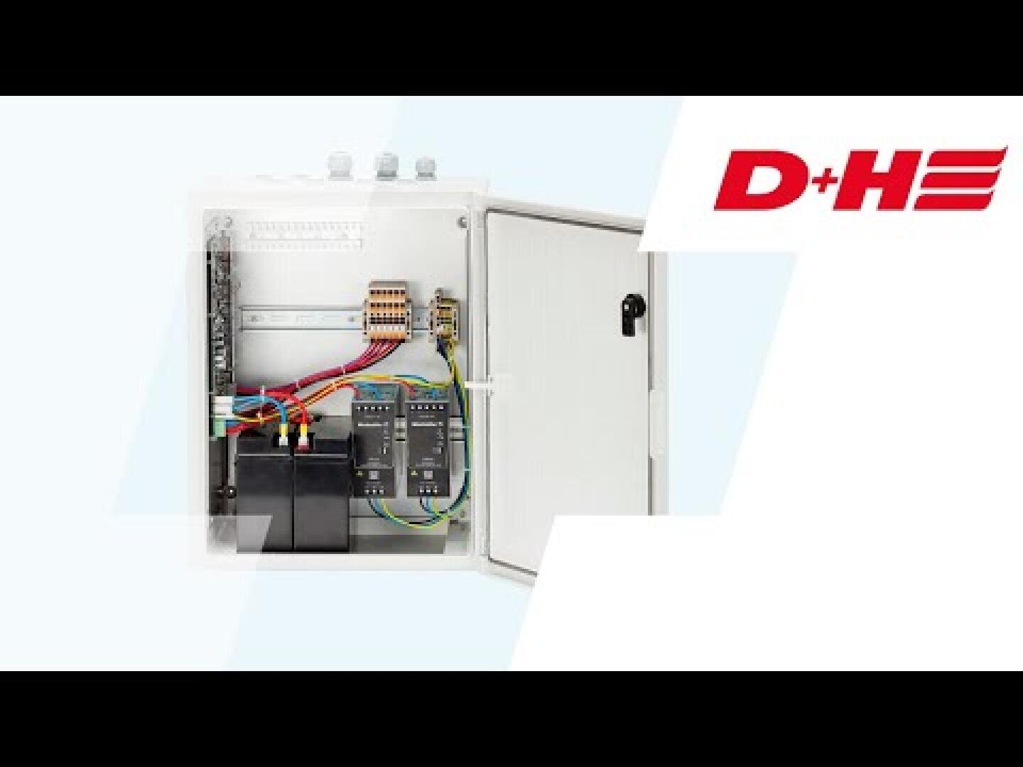 An open electrical panel with several colored wires, components and circuit breakers in a white housing. The D+H logo is in the top right corner of the picture.