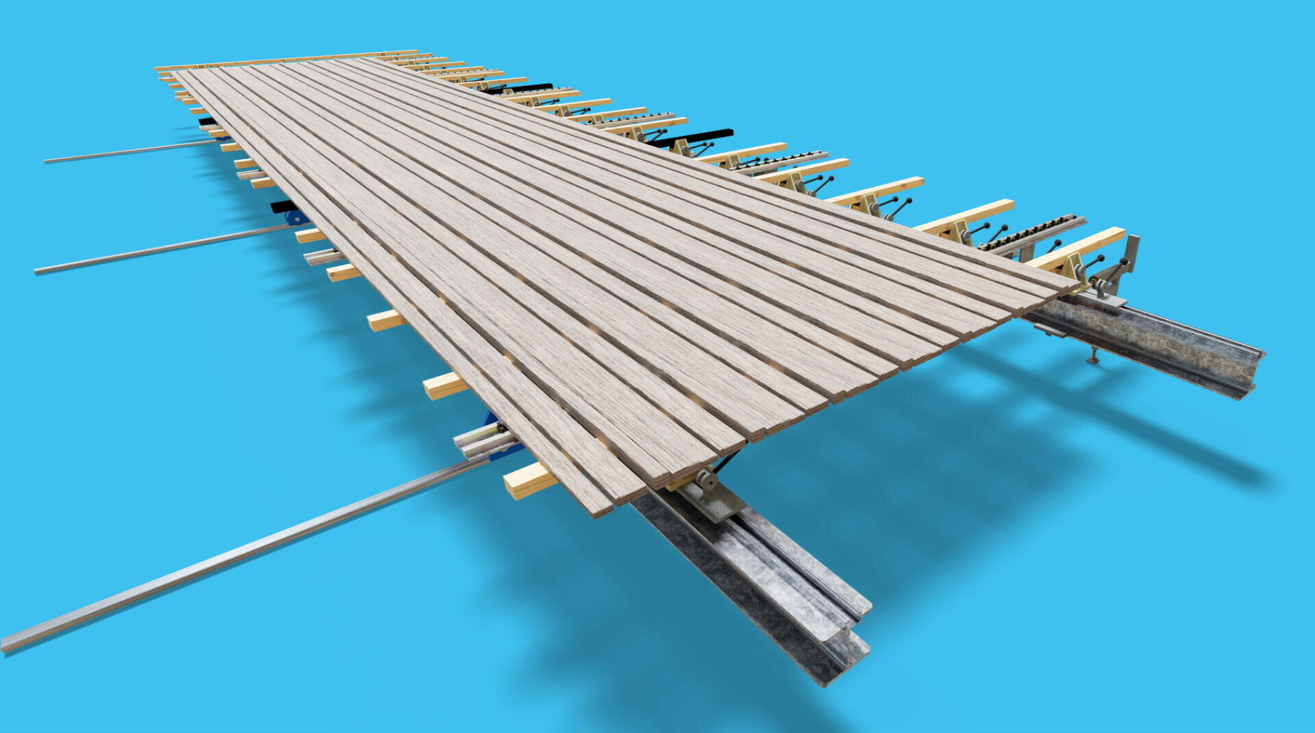 Eine lange, unfertige Holzdeckkonstruktion mit Metallstützbalken und blauen und schwarzen Klammern vor einem hellblauen Hintergrund ist im Bau.