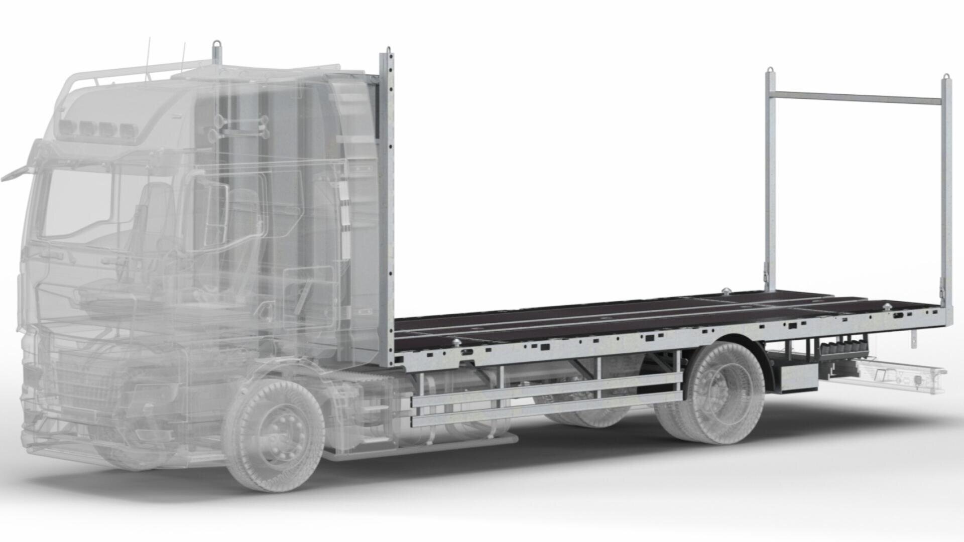Ein halbtransparentes Rendering eines Pritschenwagens, bei dem die Metallstruktur der Pritsche, die Räder und der Rahmen hervorgehoben werden, wobei das Fahrerhaus und das Heck teilweise durchsichtig sind, um die inneren Komponenten zu zeigen.