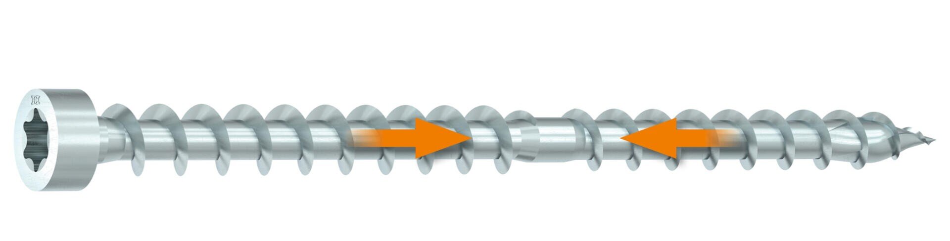Eine Nahaufnahme einer Metallschraube mit zwei großen orangefarbenen Pfeilen, die auf einen gerippten Abschnitt in der Mitte des Schraubenschafts zeigen.