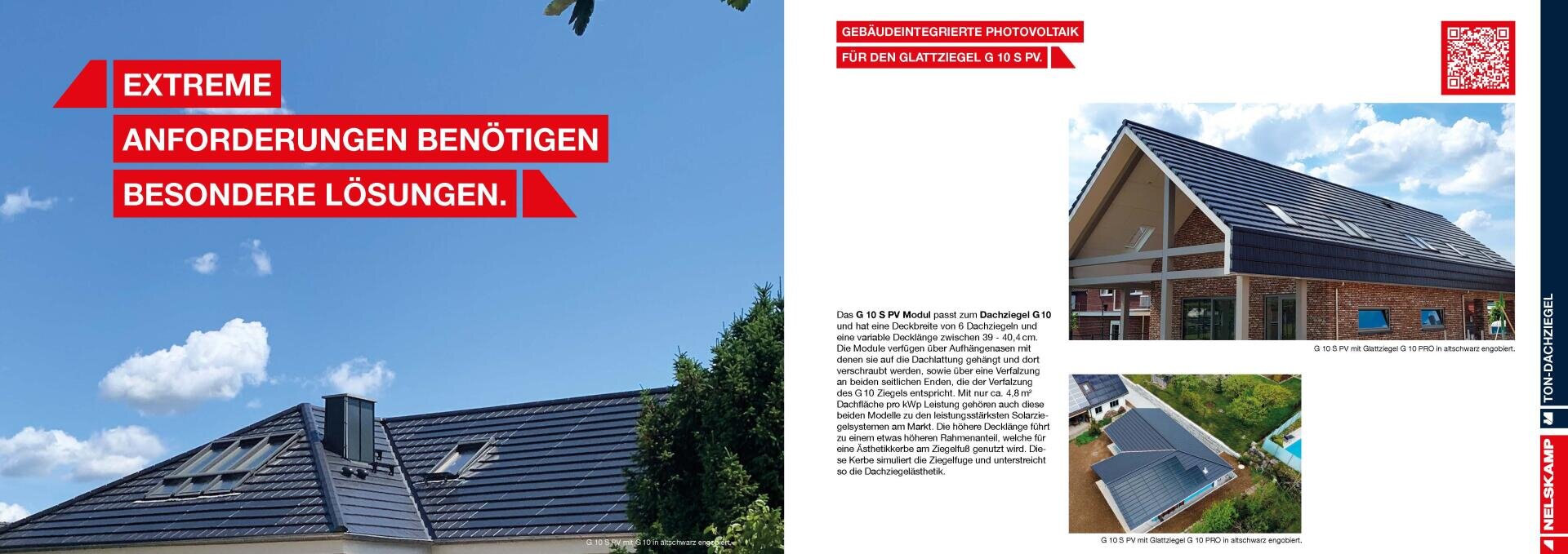 A brochure shows various photos of modern houses with solar panels on the roofs under a blue sky. On red banners is a German text about extreme requirements that call for special solutions.