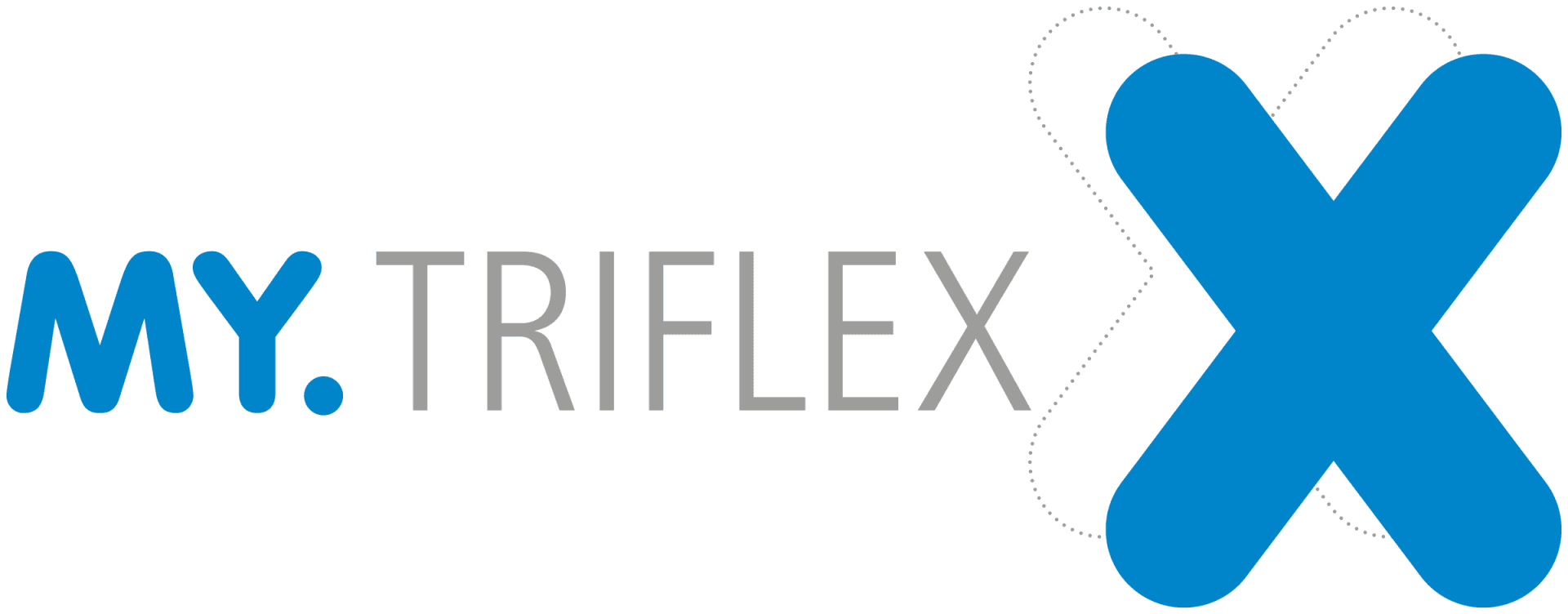 Logo with the text MY. TRIFLEX in blue and gray, followed by a large blue X on the right side, with a dotted outline of another X slightly behind it.