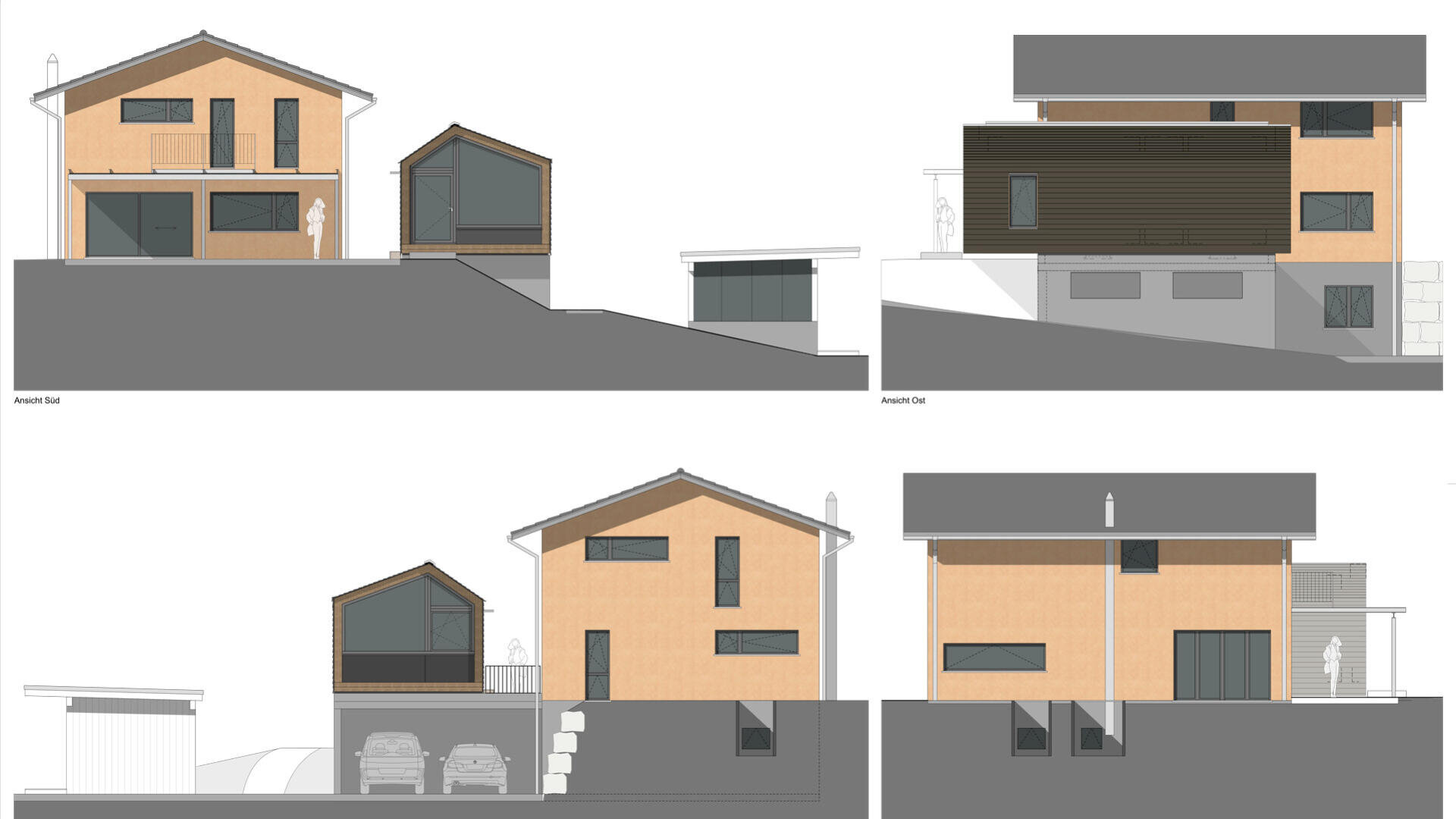 Architektonische Ansichten eines modernen zweistöckigen Hauses mit Holzverkleidung, Flach- und Schrägdächern, angebauter Garage, verschiedenen Fensterformen und einem freistehenden kleinen Gebäude, dargestellt aus vier verschiedenen Winkeln.