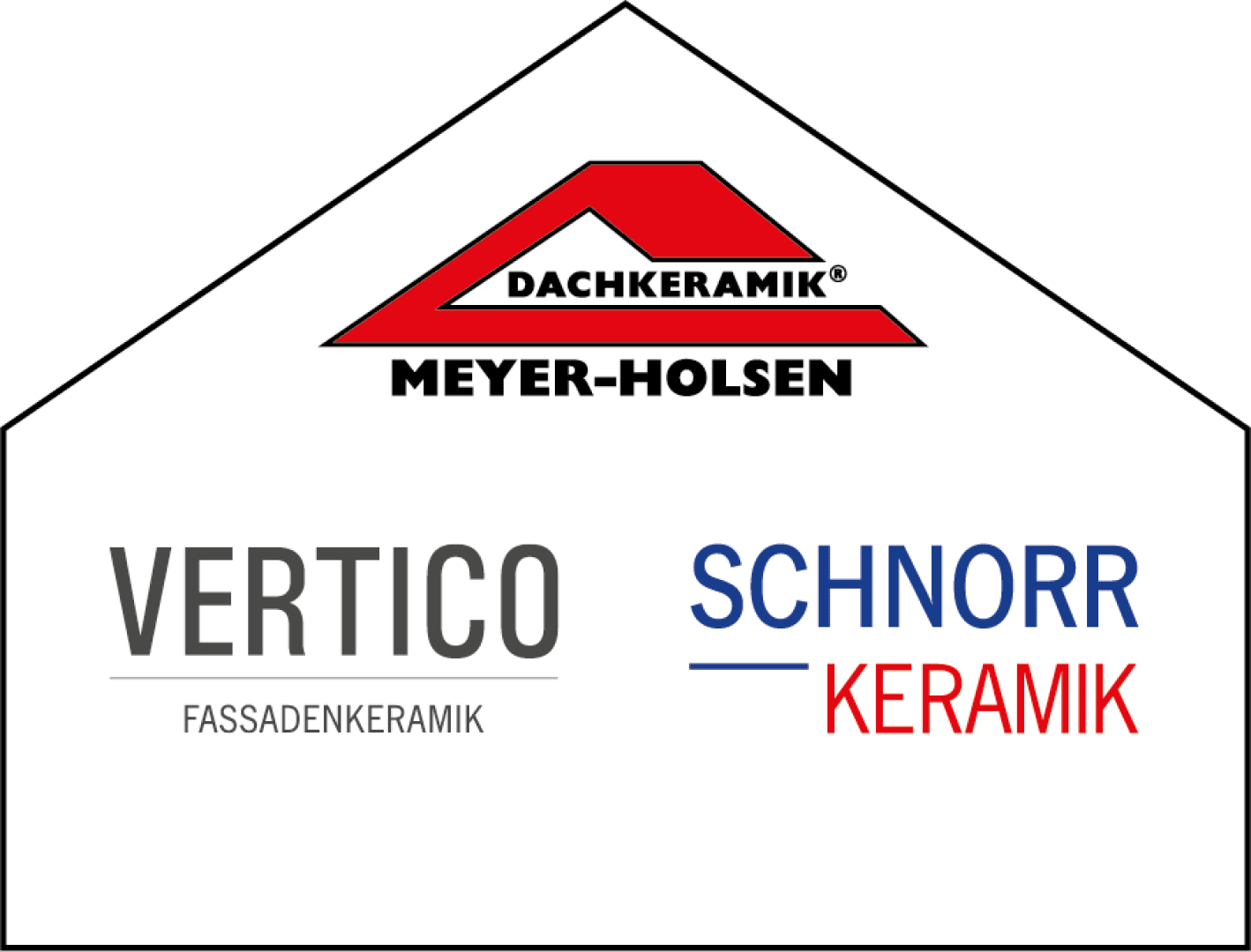 Eine hausförmige Grafik mit einem roten Dachlogo mit der Aufschrift Dachkeramik Meyer-Holsen über der Aufschrift VERTICO Fassadenkeramik auf der linken Seite und SCHNORR KERAMIK auf der rechten Seite.