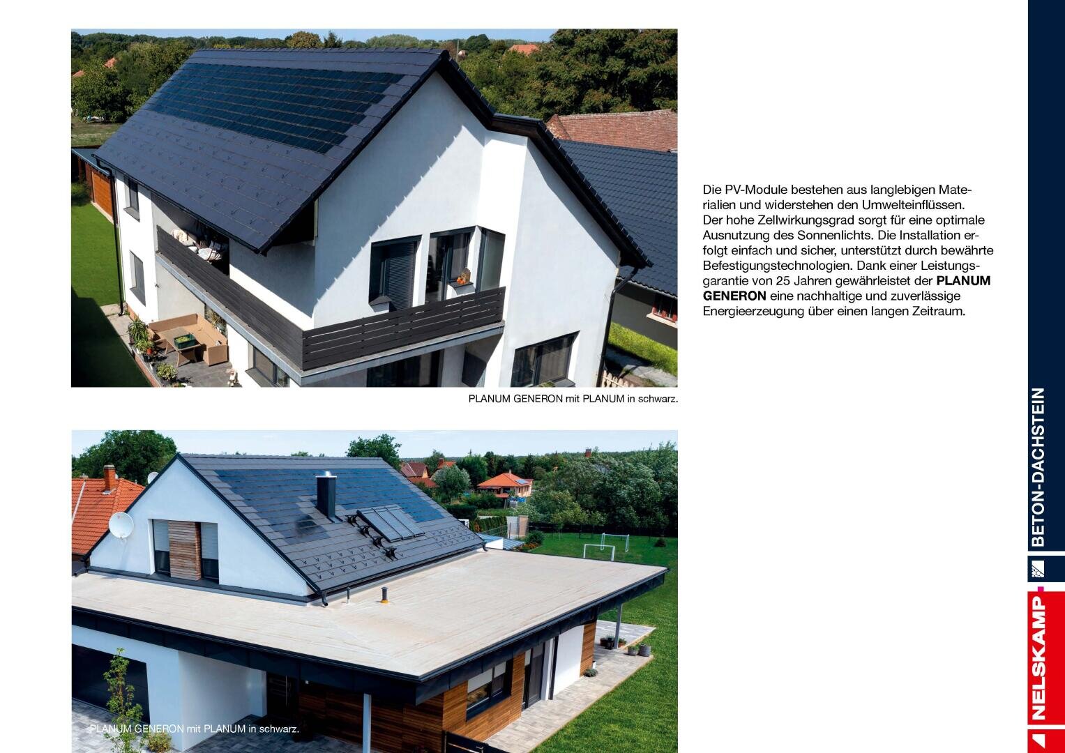 Zwei moderne Häuser haben schwarze Sonnenkollektoren auf ihren Dächern. Das erste Haus hat ein Schrägdach und einen Balkon, während das zweite ein Flachdach und einen Garten hat. Beide sind von Grünflächen umgeben und stehen unter einem klaren Himmel.