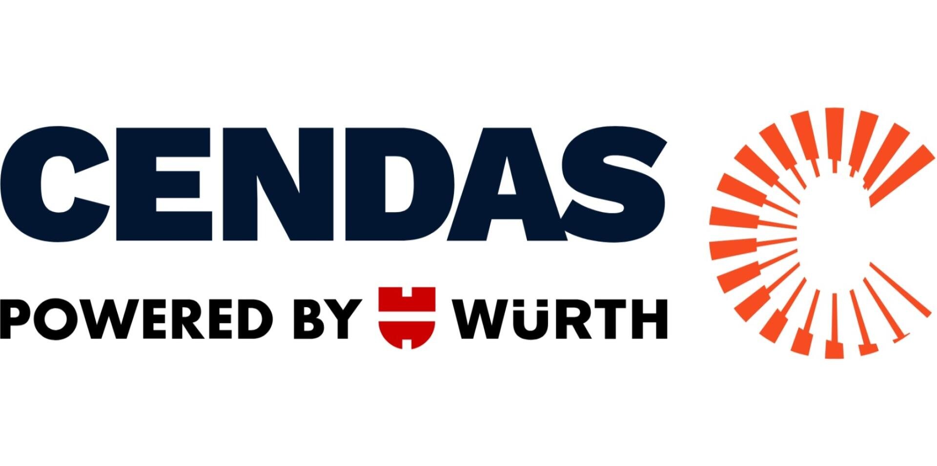 Logo mit dem Text CENDAS in fetten blauen Buchstaben, darunter POWERED BY WÜRTH in Schwarz, mit dem Würth-Logo als U und einem orangefarbenen Kreis aus radialen Balken rechts.