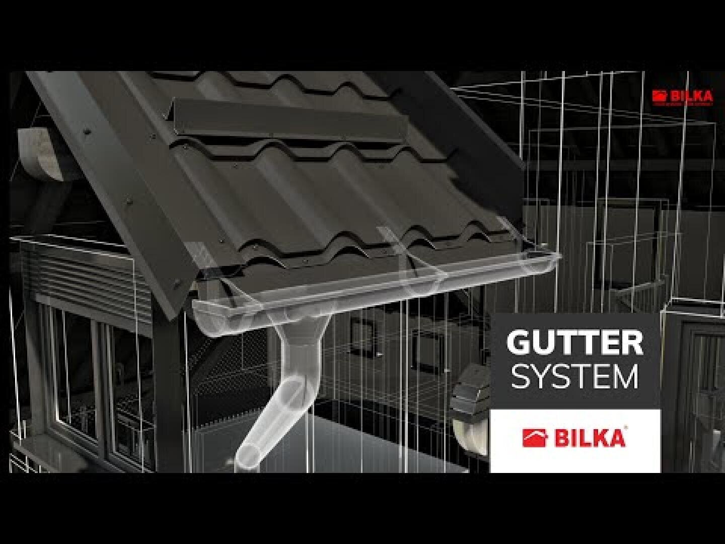 An illustrated diagram of a house roof with a gutter system, featuring the text GUTTER SYSTEM and the Bilka logo in the lower right corner.