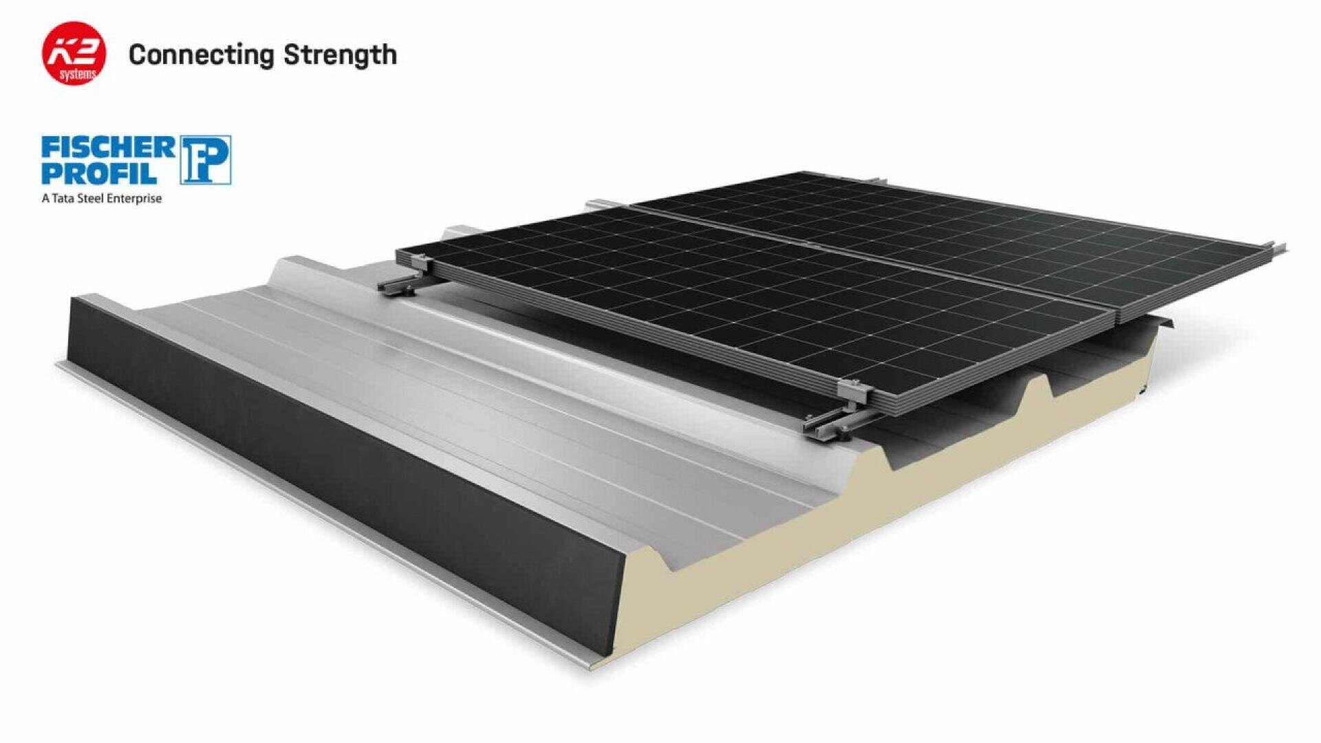 3D rendering of a solar panel mounted on a metallic insulated roof panel, with AEZ Connecting Strength and Fischer Profil logos in the top left corner.