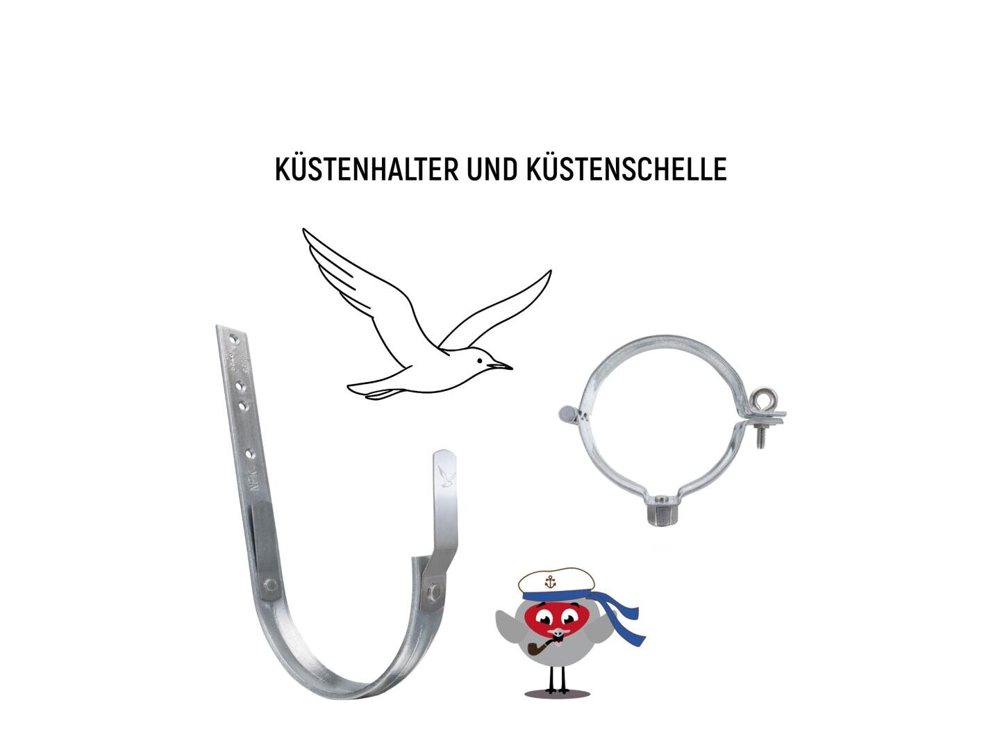 Metallbügel und Klammer mit der Aufschrift Küstenhalter und Küstenschelle mit einer einfachen Vogelzeichnung oben und einem Cartoon-Vogel mit Matrosenhut unten rechts.