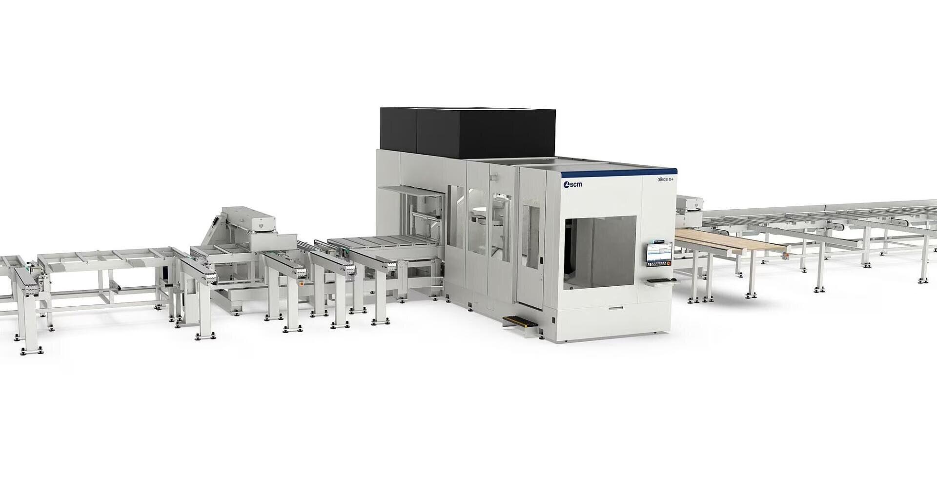 Eine große industrielle CNC-Maschine mit weißem Äußeren, schwarzem Oberteil, Glasfenster und Bedienfeld, die mit einer Reihe von Metallförderbändern und Plattformen für den automatischen Materialtransport verbunden ist.